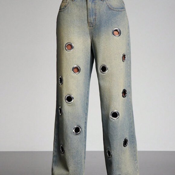 Medium Wash Punk Women's Wide Leg Baggy Jeans - Picture 7 of 7